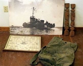 Framed Matted Under Glass "Great Sailing Ships Of The World" Print 19in x 24in, Military Duffel Bag, Wall Hooks And Marine Vessel Poster