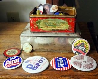 Straw Hat, Vintage Political And Souvenir Pins, Buttons, Includes, 1926 Hunting License And More