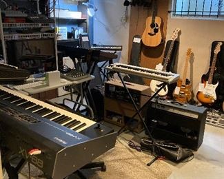 TONS of music stuff: synthesizers, keybords, amps, speakers. 