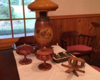 Antique lamp with dog scene, stereographic viewer, inlaid wood dishes