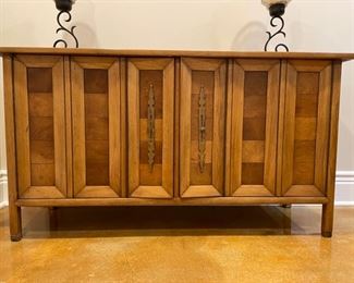 Sophisticate by Tomlinson Mid-Century Pecan and Butternut Sideboard with Burl Myrtlewood Doors and Brass Pulls, 60"W 19"D 32"H.  Photo 1 of 2