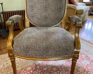 Set of two vintage French Bergeres. Gilt with faux animal print upholstery. Photo 1 of 2. 