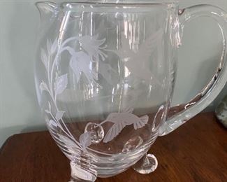 Crystal pitcher with hummingbirds.  