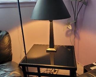 $40, Black metal and glass end table,19" x 23 " d  x 24". h $25, Black Lamp