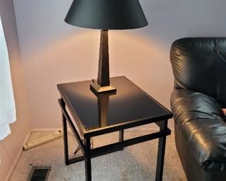 $40, Black metal and glass end table. 19" x 23 " d  x 24". h $25, Black Lamp