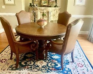 Round carved pedestal dining table 4 leather chairs