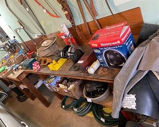 assorted garage items, tools