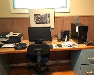 Computer system, desk and file set up, office things 