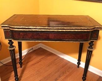 Beautiful inlaid and gilt trimmed antique game table, needs TLC as trim and inlay is popping off here and there