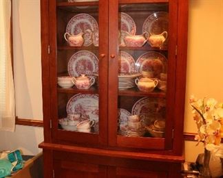 Beautiful Antique China Hutch - Large set of Homer Laughlin Currier and Ives edition stoneware.
