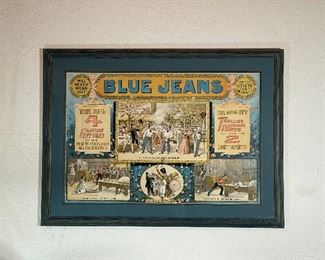 BLUE JEANS FAMED POSTER | Poster of Blue Jeans written by Joseph Arthur, showing "The Big 4 Famous Features of the play that has made all America talk"; matted in a green frame; sight 27 x 40 in., overall 37 x 50-1/2 in.
