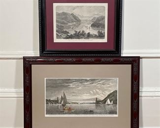 (2pc) FRAMED HUDSON RIVER ETCHINGS | Landscape etchings, including "View of the Hudson from the Vicinity of West-Point" and "Proposed Suspension Bridge over the Hudson River, near Anthony's Nose, in the Highlands, as Planned by General Edward W. Serrell, Engineer-in-Chief"; largest overall 16 x 22 in.