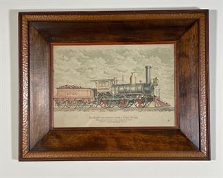 LOCOMOTIVE PRINT | "The First Locomotive With a Steel Boiler", in a very nice wood frame; overall 16 x 20-1/2 in.
