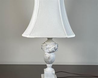MARBLE TABLE LAMP | White marble, urn form on square base, carved with flowers/leaves; vase h. 11 in., overall h. 21 in., shade w. 12 in. [with chip to back corner of base] 