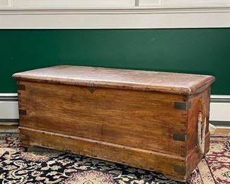 WOODEN STORAGE TRUNK | With rope handles; h. 18 x w. 42 x d. 18-1/2 in. [with damage/repair to bottom] 