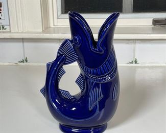 SHREVE CRUMP & LOW FISH PITCHER | Cobalt blue fish vase, stamped on the bottom [with chip to bottom]; h. 11 in. 