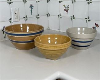 (3pc) POTTERY BOWLS | Including a Roseville, Ohio blue banded bowl, a blue and white striped bowl (h. 6 x dia. 10-1/2 in.) [with chips to rim], and a basket-form bowl 