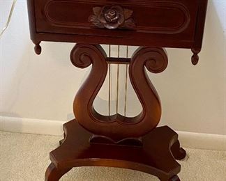 4- $295 Pair of Mahogany marble top Lyre table 18”L x 14”D x 27”T