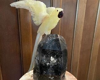 Carved Quartz Parrot on Crystal  approx 14" H