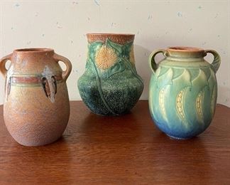 Roseville Pottery “Monticello” Vase 7.25”H, “Sunflower”  8.5”H, and “Falline” 7.25”H
