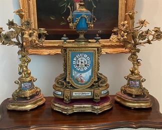 19th Century 3 Piece Japy Freres Garniture with Porcelain Insets and Gilt Wood Stands
