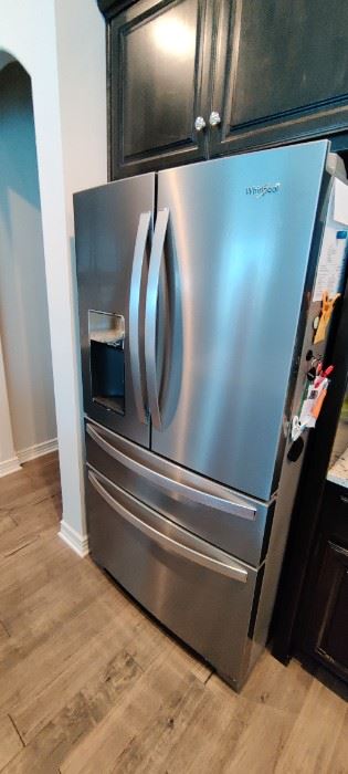 LIKE NEW EXCELLENT CONDITION 2YRS OLD Whirlpool 26.2-cu ft 4-Door French Door Refrigerator with Ice Maker (Fingerprint Resistant Stainless Steel)
Item #916724Model #WRX986SIHZ       Keep items in easy reach with the refrigerated exterior drawer
Get more storage flexibility with the triple crisper
Easily find frozen food with triple-tier freezer storage
Manufacturer Color/Finish:Fingerprint Resistant Stainless Steel PRODUCT OVERVIEWGet flexible storage with purposeful spaces for your family's favorites. This bottom freezer refrigerator features a refrigerated exterior drawer so you can adjust the temperature based on what you are storing. Keep various fruits and vegetables in the triple crisper with 2 large crispers and a smaller center crisper, then easily find food with this bottom mount refrigerator's triple-tier freezer storage.
Exterior Ice and Water Dispenser with EVERYDROP Filtration lets you access fresh filtered water and ice without ever opening the refrigerator door
Select th
