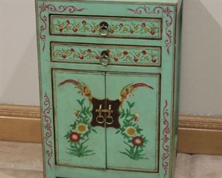 #4.  $350.00   green painted floral cabinet 24” X 16” X 12.5” 