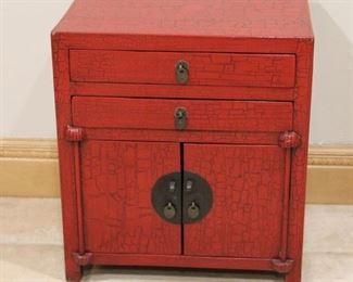 #5.  $150.00  Red painted Asian cabinet 20” X 18” X 13.5” 