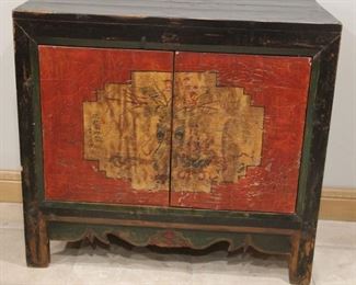 #10.  $300.00.   Asian cabinet reds / greens 34.5” X 38” X 18” 