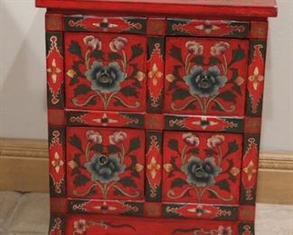 #11.  $125.00. Red floral painted cabinet 24” X 19” X 12.5” 