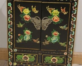 #14.  $350.00   Asian cabinet with painted butterflies 30” X 24” X 15.5” 