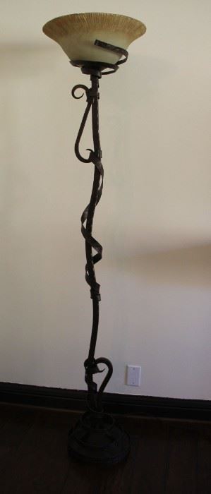 #25.  $100.00 Torchere style floor lamp w/hand forged wrought iron pole and base. 73” tall