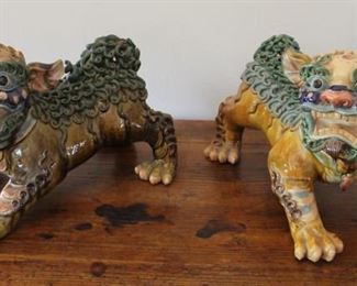 #50.  $100.00 Pair majolica foo dogs small chip to one toe see pictures largest 9.5” X 13” X 10.5” 