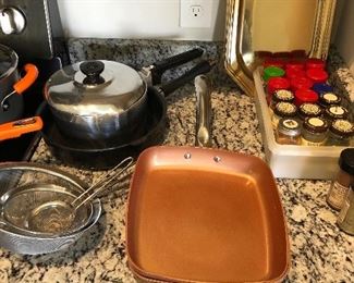 Copper pans $6 ea. Saucepan with lid $9, Deep frypan $7 (sold), spices $10 lot (sold). 