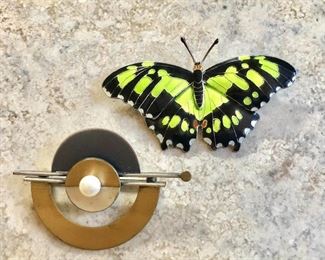 $25 each enamel butterfly pin and modernist pin.  Top: 1.5"L, 2.4"W.  Bottom:  1.5"L, 1.8"W Butterfly pin SOLD 