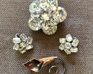$16 Top white rhinestone pin, $12 earrings, $10 Copper tulip pin,   Top: 1.5"diam.  Bottom: 1.8"W.  Earrings: 0.8"diam 
