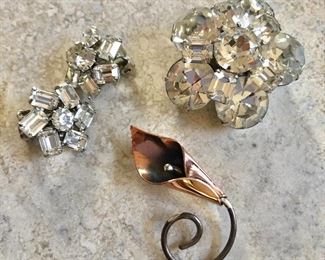$12 white rhinestone earrings, $16 white rhinestone pin, and $10 for copper tulip pin 