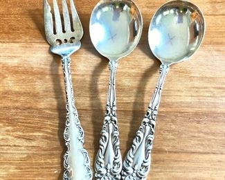 $40  each - Sterling silver fork and two sterling silver spoons - Fork: 7"L.  Spoons: 6.5"L SOLD 