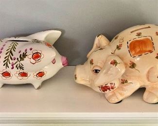 $20 each Piggy banks!  Left: 3.5" H, 6.25" L, 4" W.  Right: 4" H, 7" L, 4.5" W