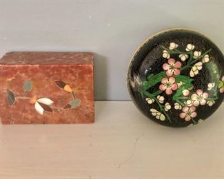 $16 each - Stone inlaid box and  cloisonne lidded box   SOLD Left: 3" L, 2" W, 1.25" H.   Right" 3.5" diam, 1.5" H. 