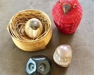 $35 ea  bird in nest  Upper left: Nest 3.75" diam, 1.25" H.  Upper right: SOLD $20 Red woven bird SOLD  4.25" H, 2.75" diam.  Lower left: Black owl 2" diam, 1.75" H. $15  Lower right: bird. Black Modernist   Owl SOLD 
