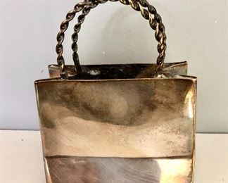 $20 - Silver tone  "purse"  4.25" H, 3.25" W, 2.25" D. 