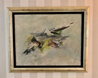 $395 Signed, abstract mid century oil painting on board   28.75" H x 34.5" W. 