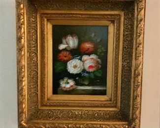$175 Oil on board still life in elaborate frame  19" L by 17" H.  Inside dimensions 9.5" by 7.5" 
