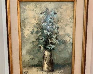 $425  Mid century oil on board in the style of Bernard Buffet  Signed illegibly  dated 1968 27.75" H x 21.5" W. 