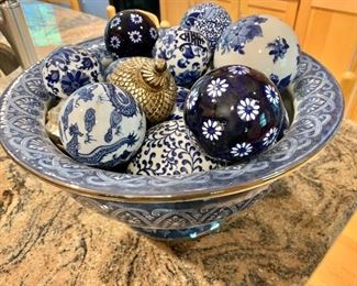 $120 Decorative bowl with balls, Bombay Company.  Bowl 15.25" diam, 7.5" H.
