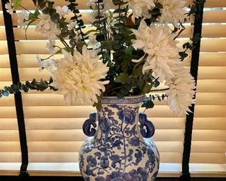 $30 Decorative blue and white vase .  15" H, 9.5" W, 6" D. 