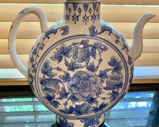 $30 Porcelain blue and white teapot, .  12" H, 10" W, 2.5" D. 
