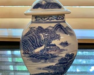 $30 Porcelain blue and white covered jar,  8" H, 4.5" W, 4.5" D. 