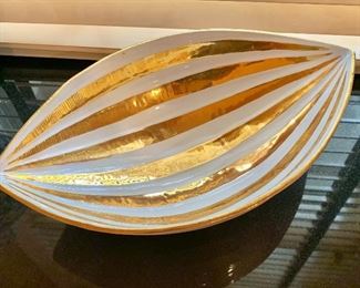 $75 Jonathan Adler "Fontana" gold and white oval porcelain bowl.  14.5" L, 9" W, 3.75" H. 